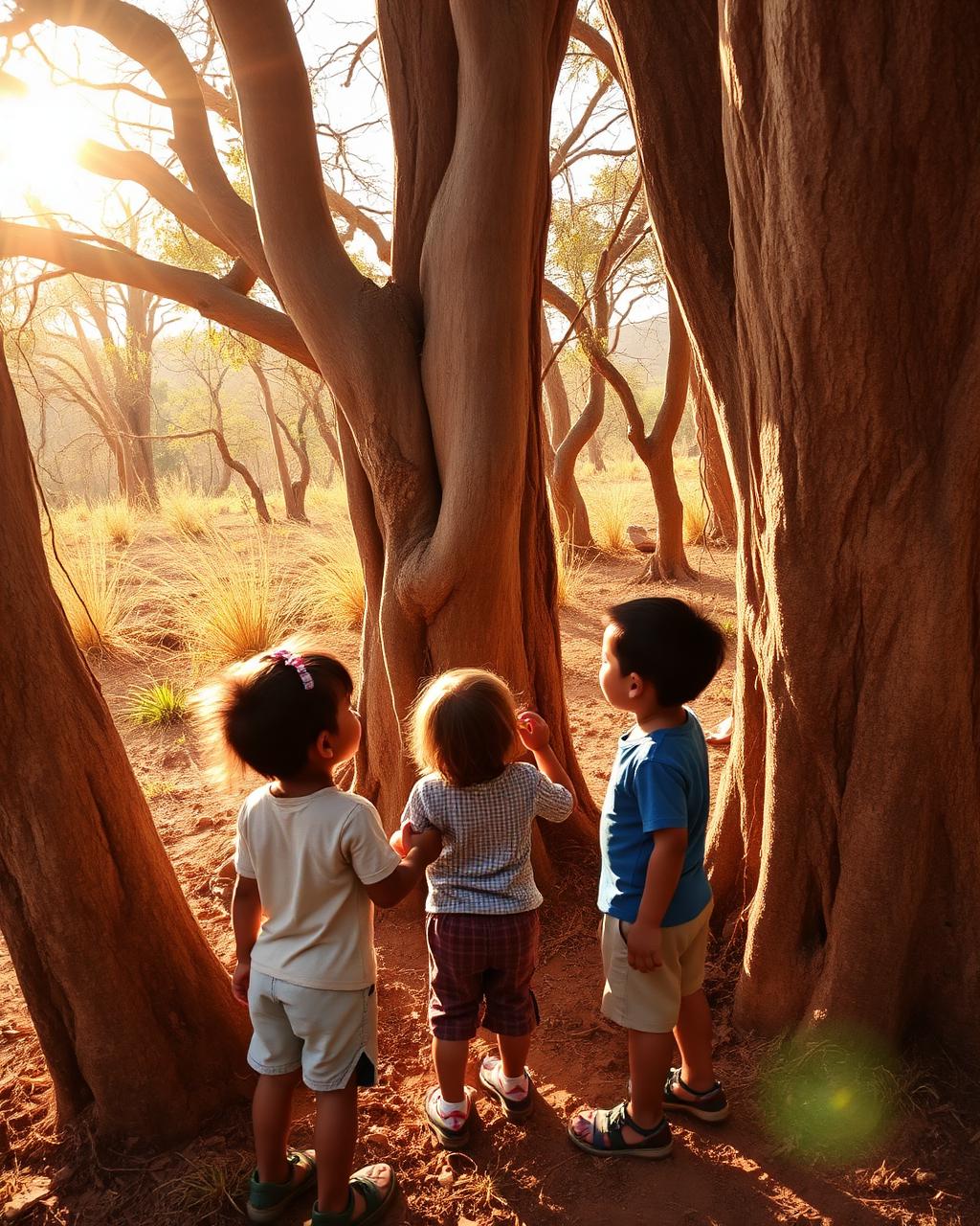 Niños explorando árboles de algarrobo